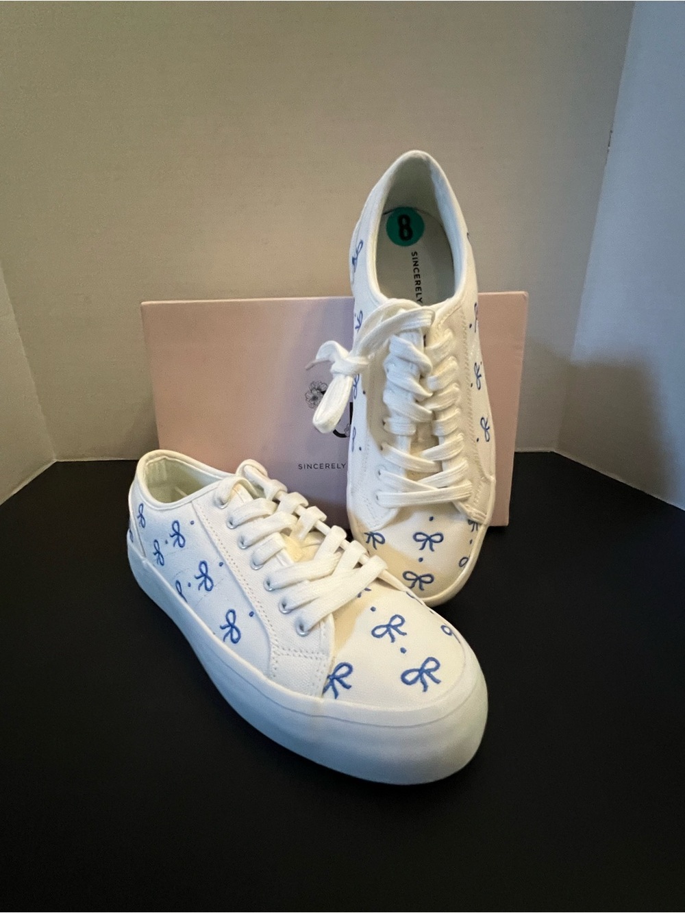Sincerly Jules White Canvas Sneakers with Blue Bow Accents